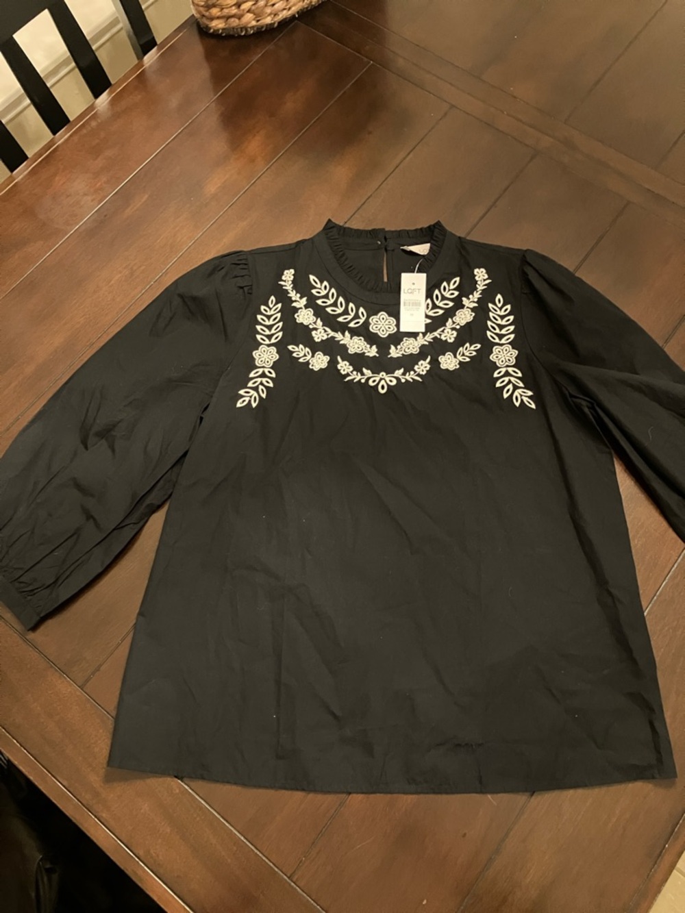 LOFT Black Blouse with White Floral Embroidery Yoke